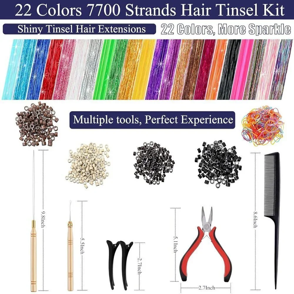 22 Colors 7700 Strands Hair Tinsel Kit, 48 Inch Glitter Tinsel Hair Extensions f